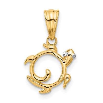 14k Yellow Gold with White Rhodium Diamond Cut Swirl Turtle Pendant