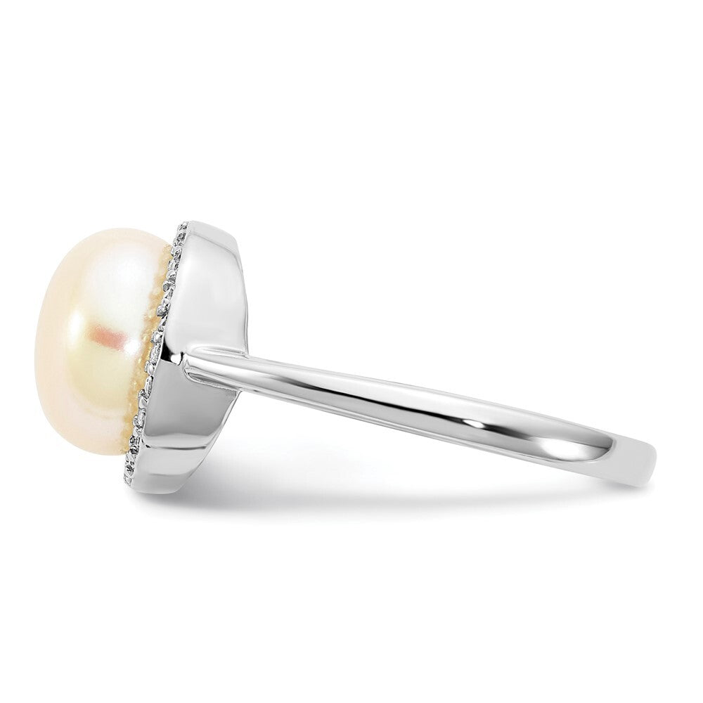 Sterling Silver 9-10mm Button White Freshwater Cultured Pearl and CZ Ring Size 8