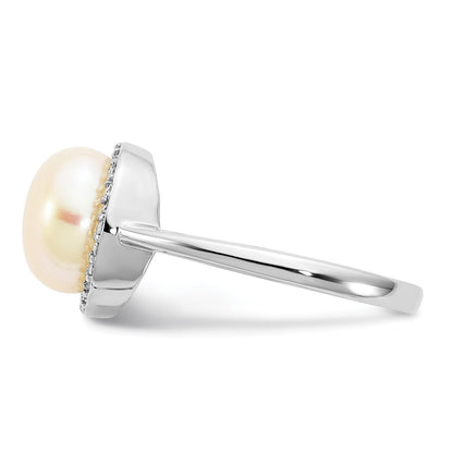 Sterling Silver 9-10mm Button White Freshwater Cultured Pearl and CZ Ring Size 8