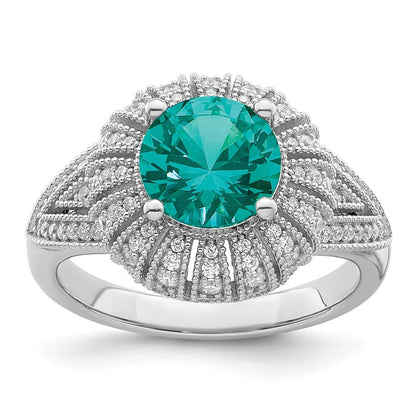 Sterling Silver Rhodium-plated Clear and Teal CZ Vintage Style Ring Size 7