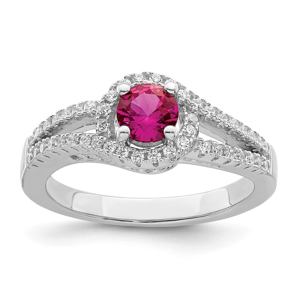 Sterling Silver Rhodium plated Created Red Corundum & White CZ Ring Size 7