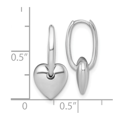 14k White Gold Polished Dangle Puffed Heart Hinged Hoop Earrings Gift for Women