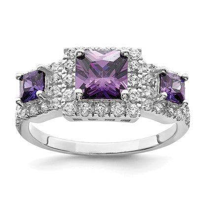 Sterling Silver Rhodium-plated Purple Square Cubic Zirconia Ring Size 8