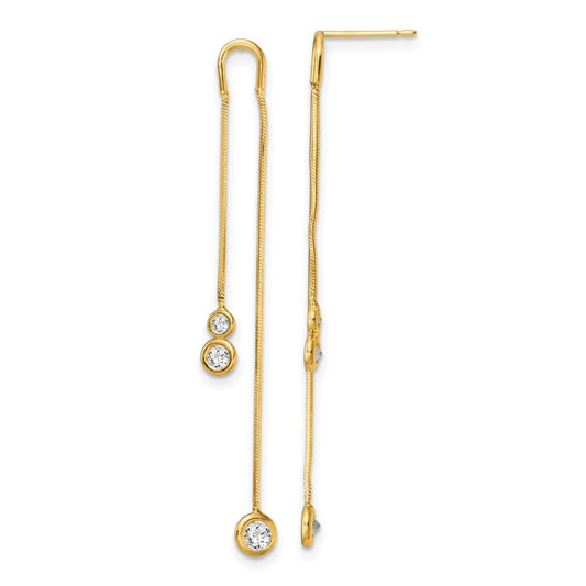 14k Yellow Gold Polished CZ Double Chain Dangle Earrings