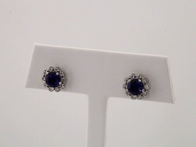 14k White Gold 3.2 mm Blue Sapphire and 1/8 CTW Diamond Stud Earrings