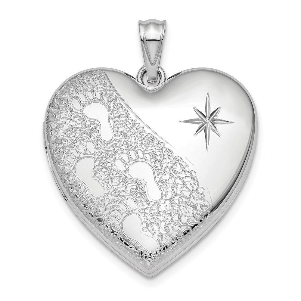 Sterling Silver 24mm Diamond-cut Footprints Ash Holder Heart Locket