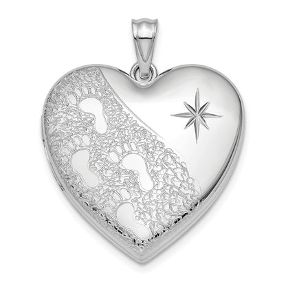 Sterling Silver 24mm Diamond-cut Footprints Ash Holder Heart Locket