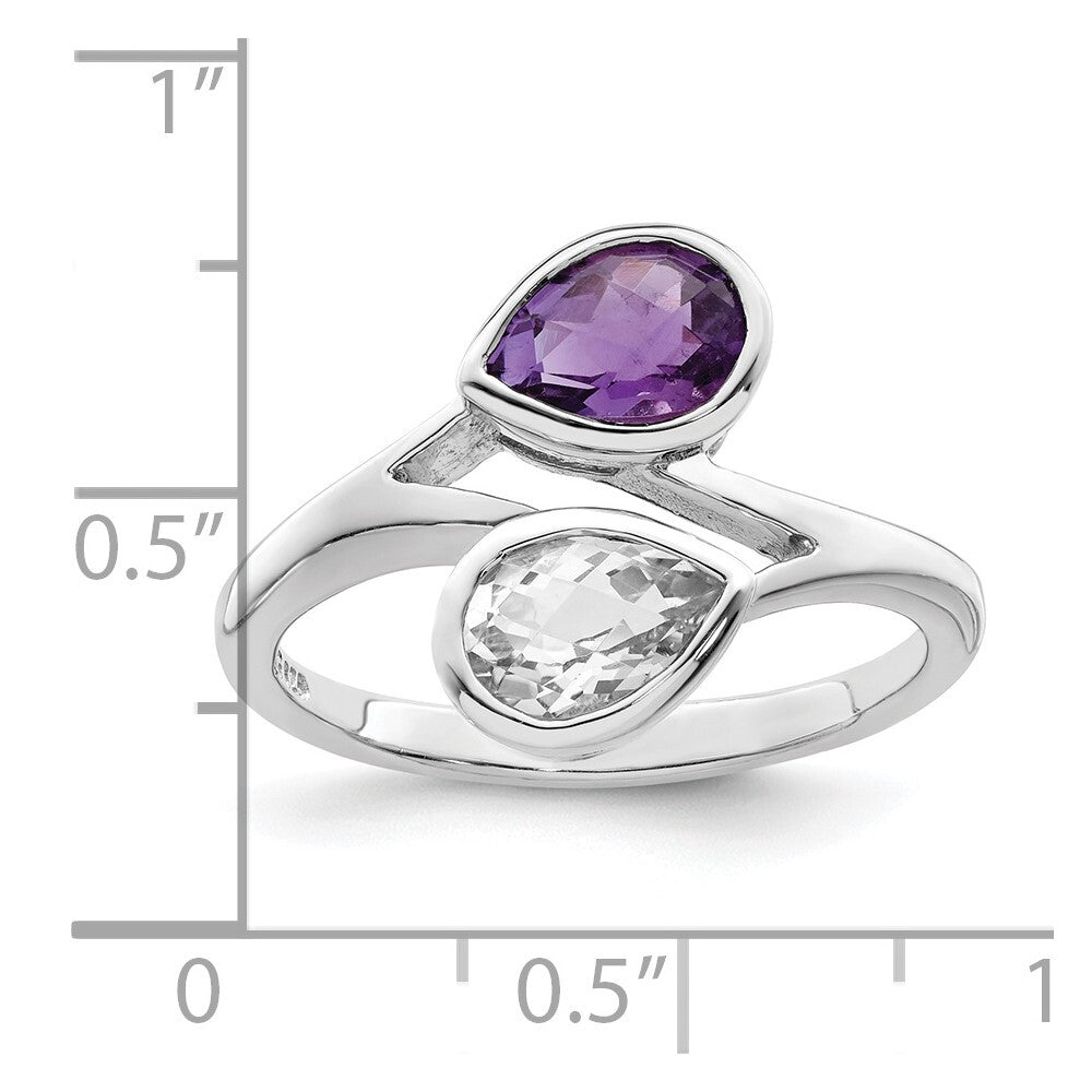 Sterling Silver Rhodium-plated Pear Shape Amethyst & White Topaz Ring Size 6
