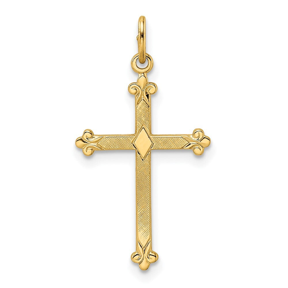 14k Yellow Gold Polished and Textured Solid Diamond Shape Cross Pendant