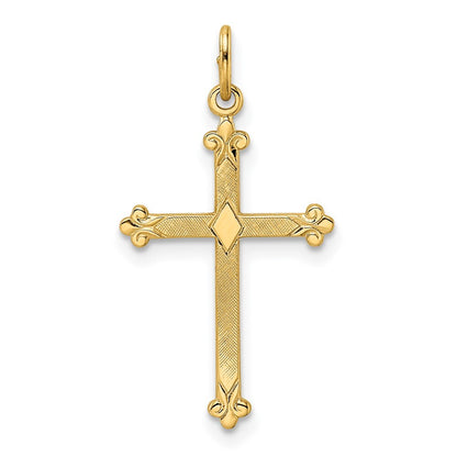 14k Yellow Gold Polished and Textured Solid Diamond Shape Cross Pendant