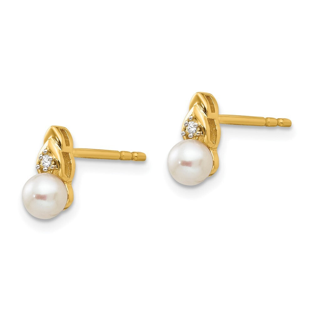 14k Yellow Gold FW Cultured Pearl and Diamond Stud Earrings Gift for Women