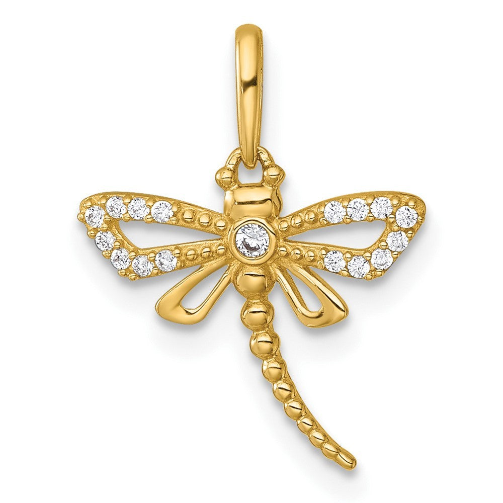 14k Yellow Gold Polished and Beaded CZ Dragonfly Charm / Pendant