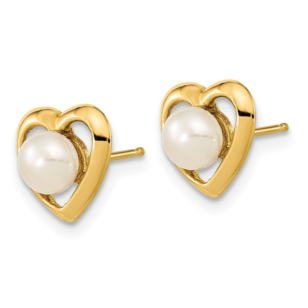 14k Yellow Gold 4-5mm White Button Freshwater Cultured Pearl Heart Stud Earrings