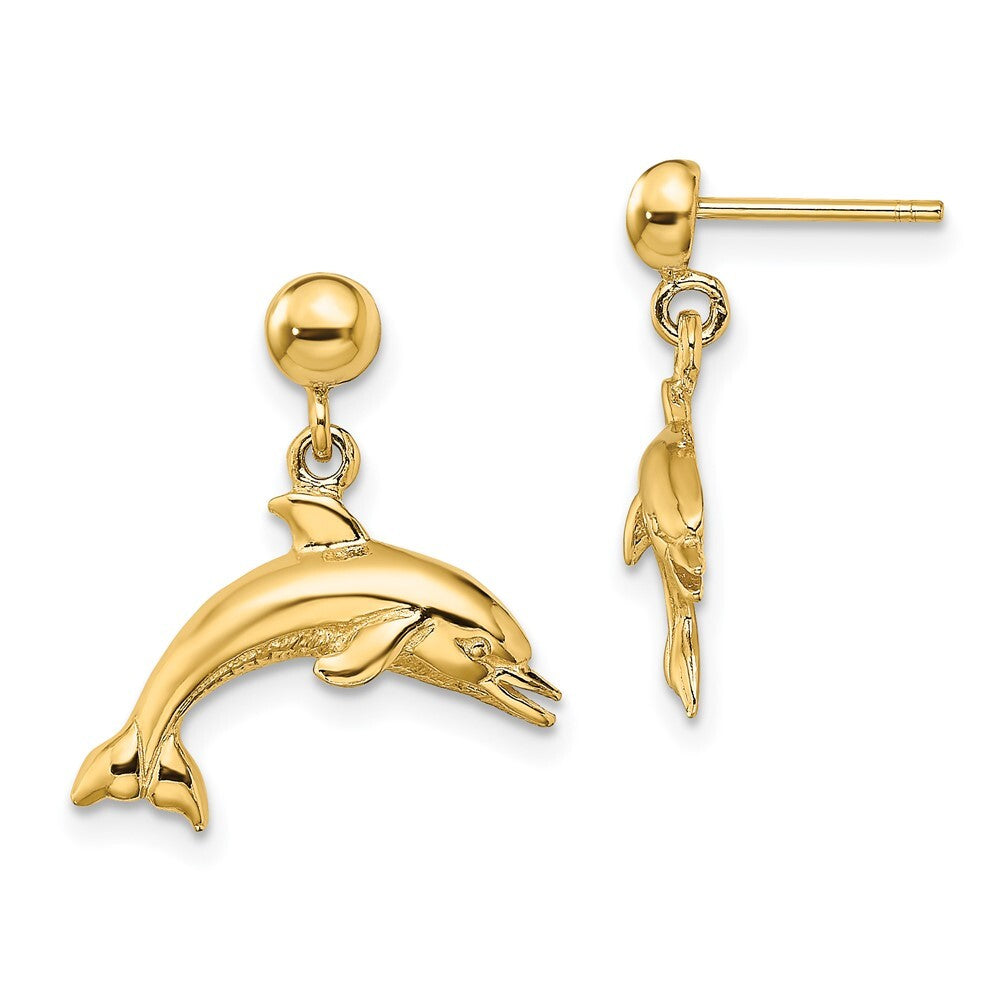 14k Yellow Gold Jumping Dolphin Dangle Earrings Gift for Women