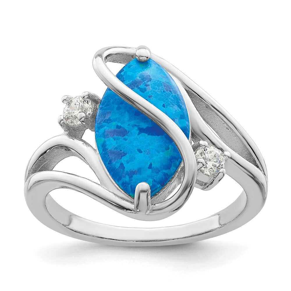Sterling Silver Rhodium-plated Polished Blue Created Opal & CZ Twist Ring Size 6