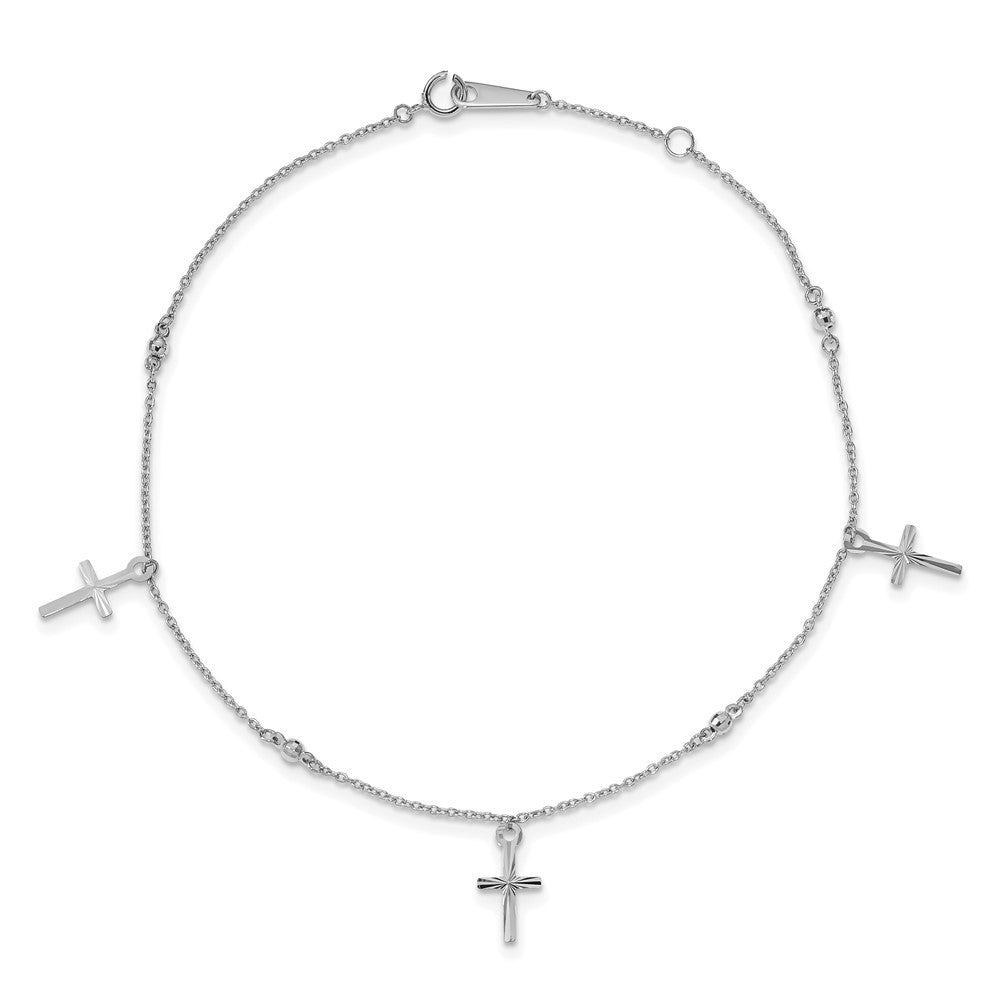 14k White Gold Diamond-cut 3 Cross Dangles and Beads 10" Anklet
