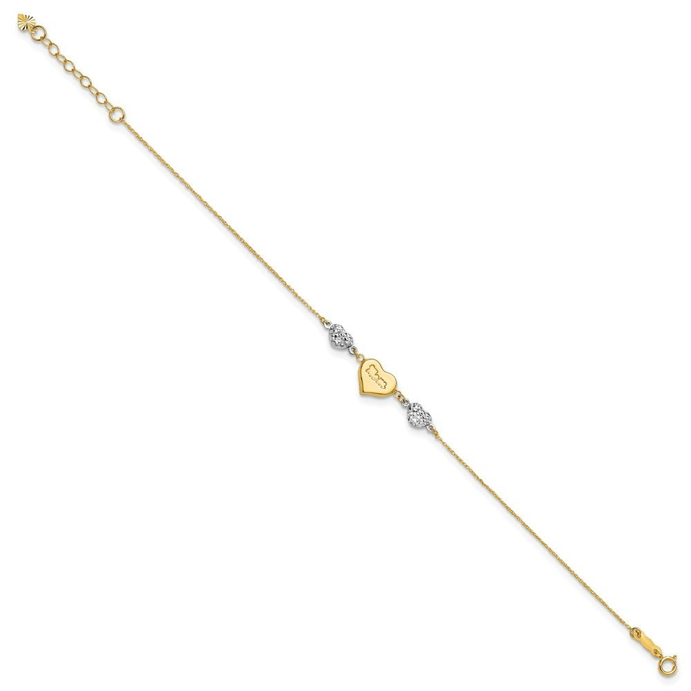 14K Two-tone Puffed MOM Heart and Diamond-cut Bead 7" Bracelet Plus 1" Heart Ext