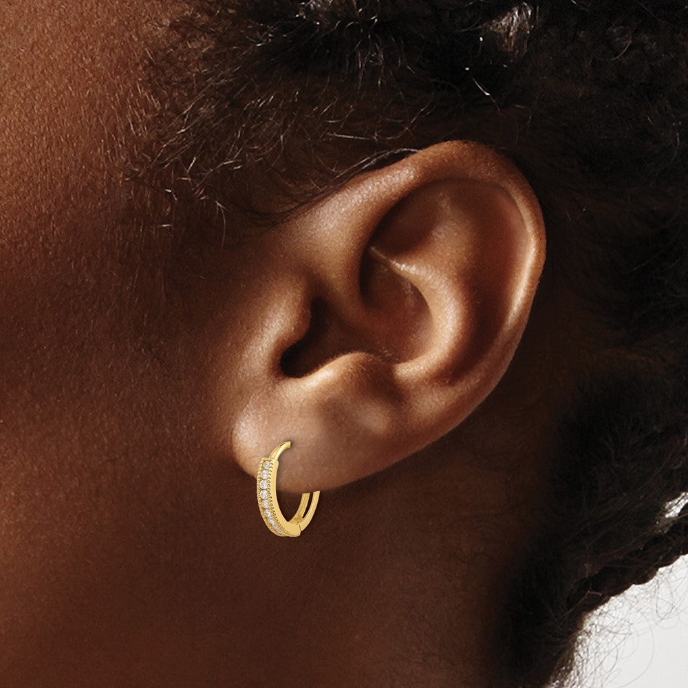 14k Yellow Gold Polished CZ 2mm Hinged Huggie Hoop Earrings