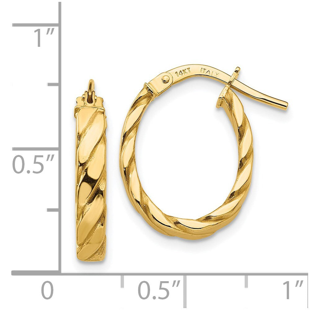14k Yellow Gold 3mm Patterned Oval Hoop Earrings Gift for Women