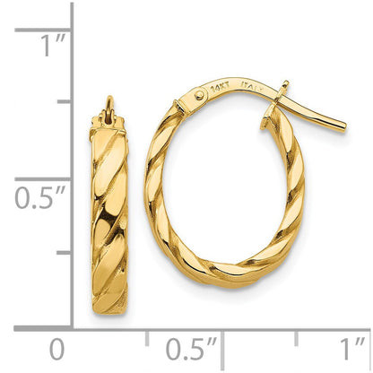 14k Yellow Gold 3mm Patterned Oval Hoop Earrings Gift for Women