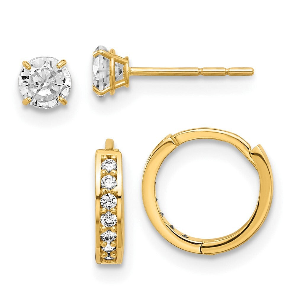14k Yellow Gold Polished Cubic Zirconia and Hinged Hoop Earring Set