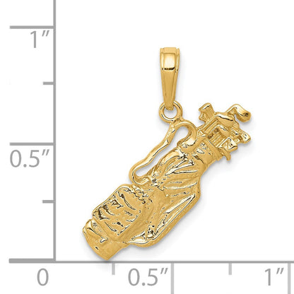 14k Yellow Gold Solid Polished Open-Backed Golf Bag with Clubs Charm Pendant