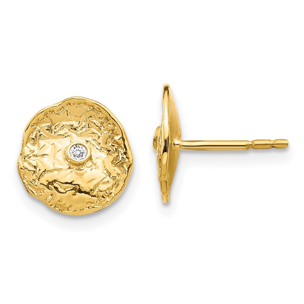14k Yellow Gold Small Textured Circle Diamond Stud Earrings Gift for Women