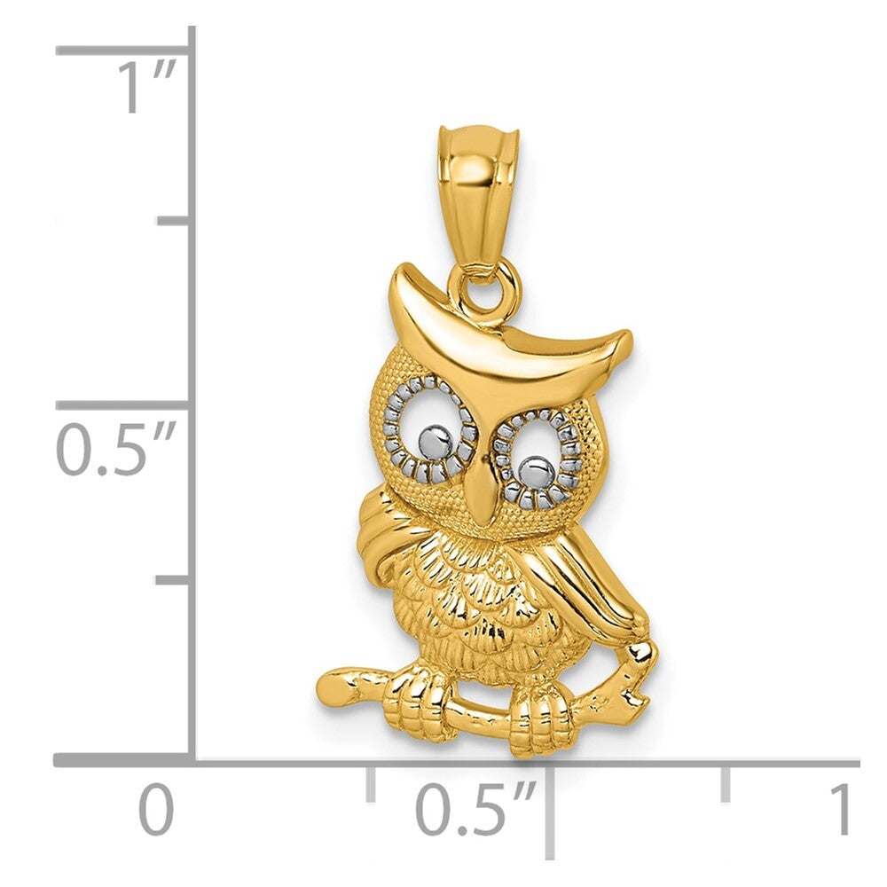 14k Yellow Gold & Rhodium Polished & Textured Owl Pendant for Women