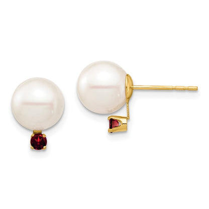 14k Yellow Gold 8-8.5mm Freshwater Cultured Pearl & Garnet Earrings