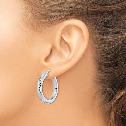 Sterling Silver Rhodium-plated 5x30mm Diamond-Cut Octagon Tube Hoop Earrings