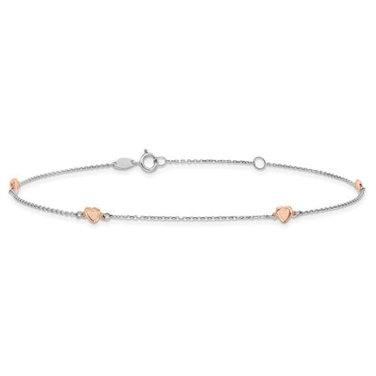 14K White and Rose Gold Satin Hearts 4-Station Anklet 10"