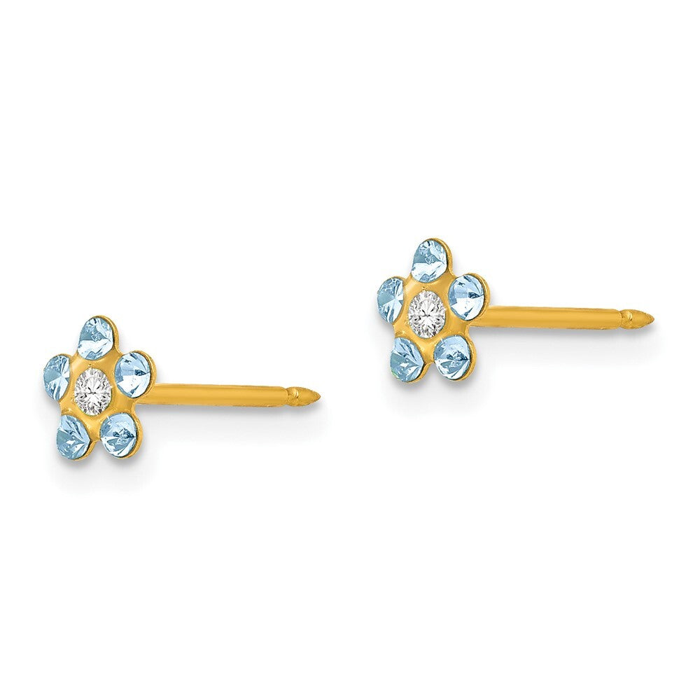 14k Yellow Gold March Lt Blue Crystal Birthstone Flower Stud Earrings