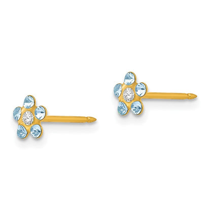 14k Yellow Gold March Lt Blue Crystal Birthstone Flower Stud Earrings