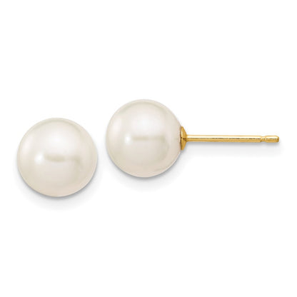 14k Yellow Gold 7-8mm White Round Freshwater Cultured Pearl Stud Earrings