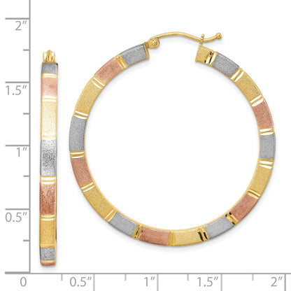 Sterling Silver Rhod-plated Rose/Yellow Vermeil Diamond-cut 3x40mm Hoop Earrings