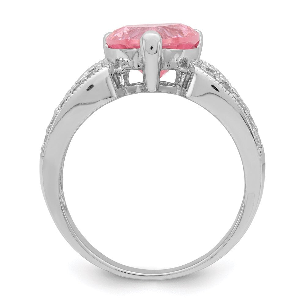 Sterling Silver Rhodium plated 10mm Clear Pink Heart Cubic Zirconia Ring Size 8