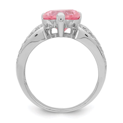Sterling Silver Rhodium plated 10mm Clear Pink Heart Cubic Zirconia Ring Size 8
