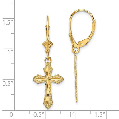14k Yellow Gold Diamond-Cut Cross Beaded Edge Drop Dangle Earrings
