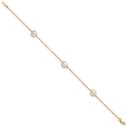 14k Gold 7mm Near-Round Freshwater Cultured Pearl 3-Station 7.25" Bracelet