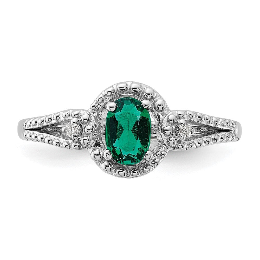 Sterling Silver Rhodium-plated Created Emerald & Diamond Ring