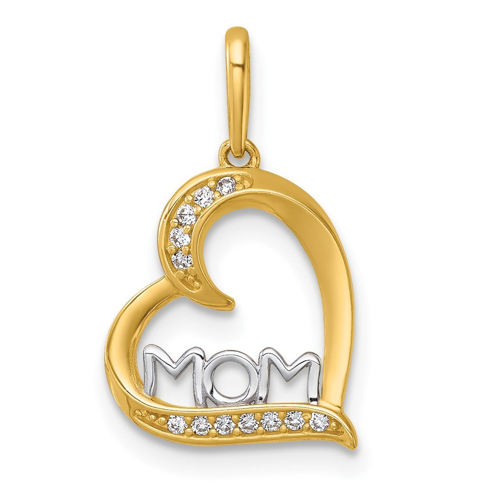 14k Yellow Gold and Rhodium Polished White CZ Sideways Open Heart MOM Pendant
