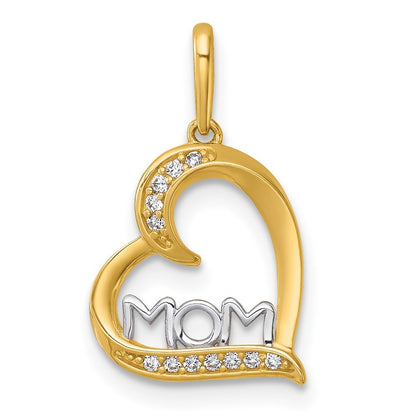 14k Yellow Gold and Rhodium Polished White CZ Sideways Open Heart MOM Pendant