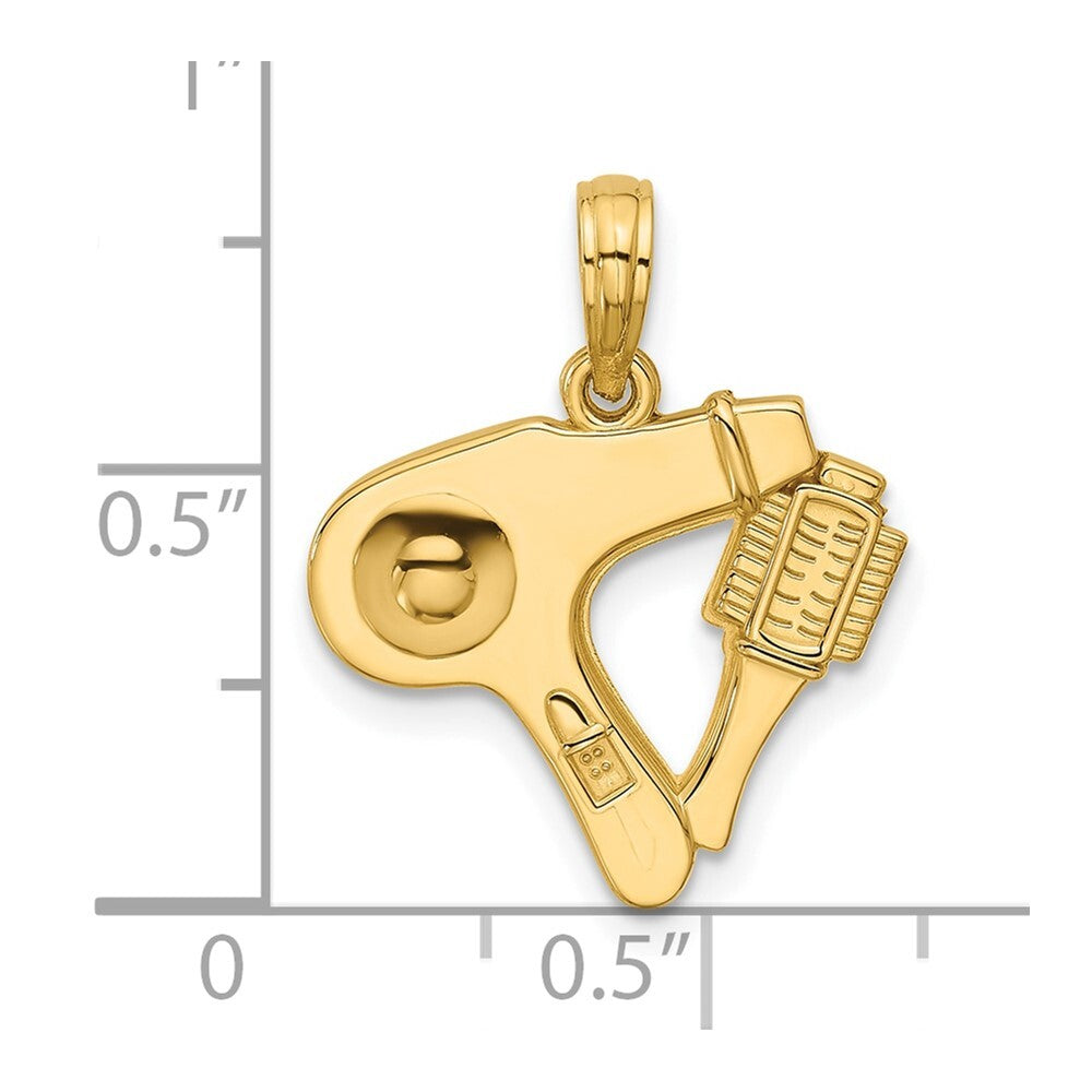 14k Yellow Gold Polished Blow Dryer and Curl Brush Pendant for Women