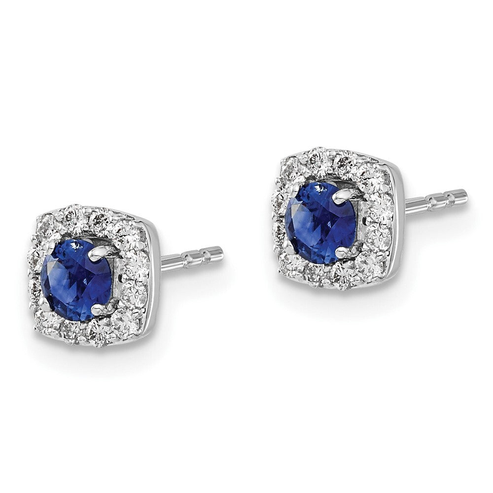 14k White Gold Diamond and Sapphire Square Halo Stud Earrings