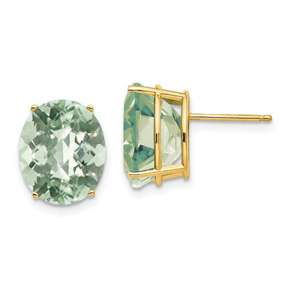 14k Yellow Gold 12x10 Oval Checker-Cut Green Quartz Earrings