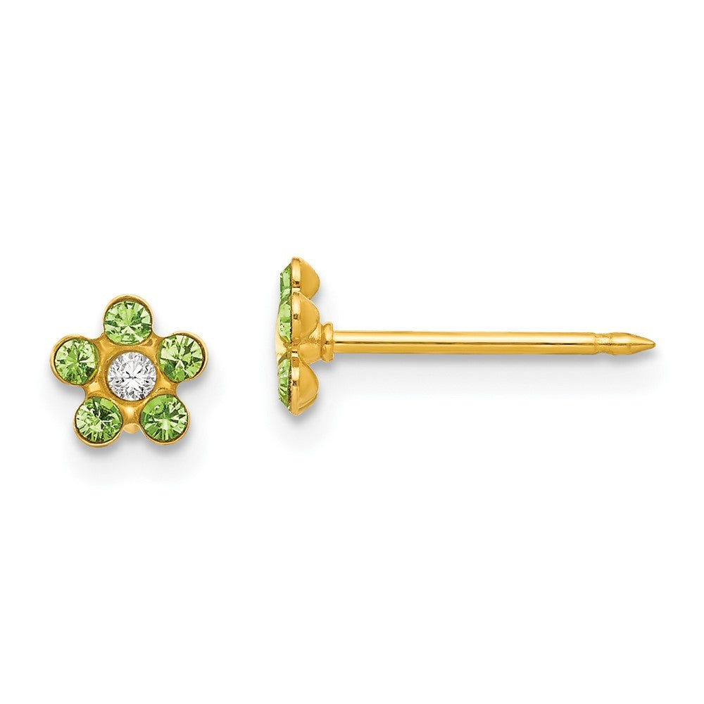 14k Yellow Gold August Lt Green Crystal Birthstone Flower Earrings
