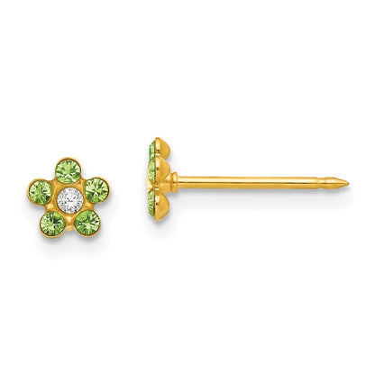 14k Yellow Gold August Lt Green Crystal Birthstone Flower Earrings