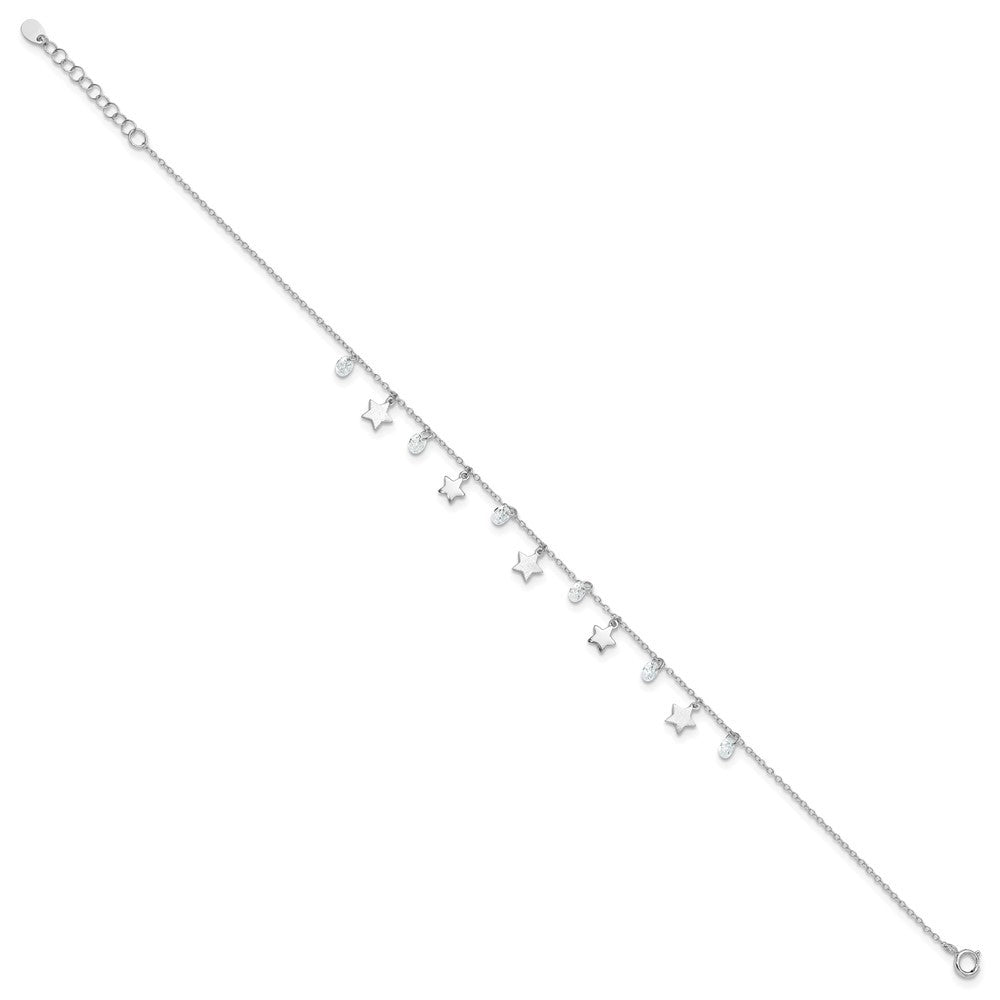 Sterling Silver Rhodium-plated Stars and CZ 10" Anklet