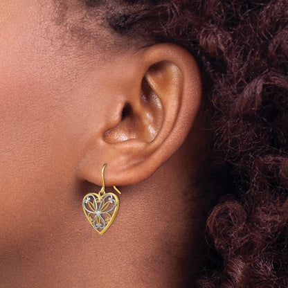 14k Yellow Gold w/Rhodium Polished Filigree Heart Shepherd Hook Earrings