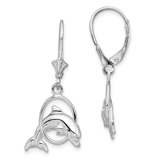 Sterling Silver Rhodium-Plated Dolphin in Hoop Leverback Earrings